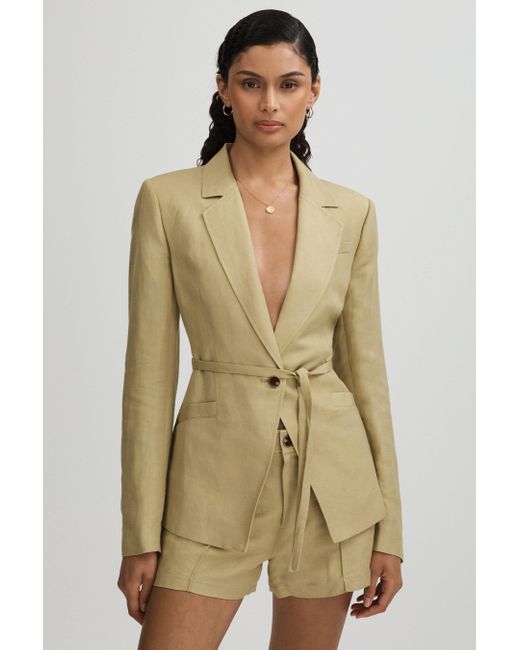 PAIGE Natural Linen Blend Belted Single Breasted Suit Blazer