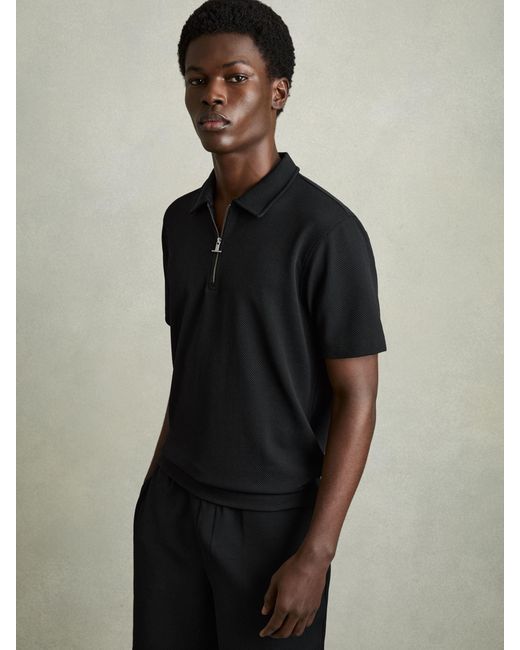 Reiss Black Textured Half-Zip Polo Shirt for men