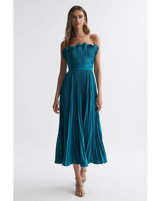 AMUR Blue Strapless Pleated Midi Dress