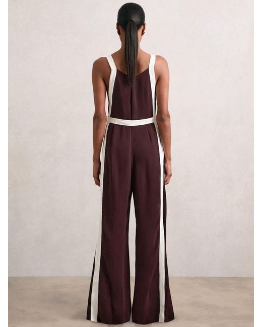 Reiss Multicolor Burgundy & Cream Colourblock Wide Leg Belted Jumpsuit