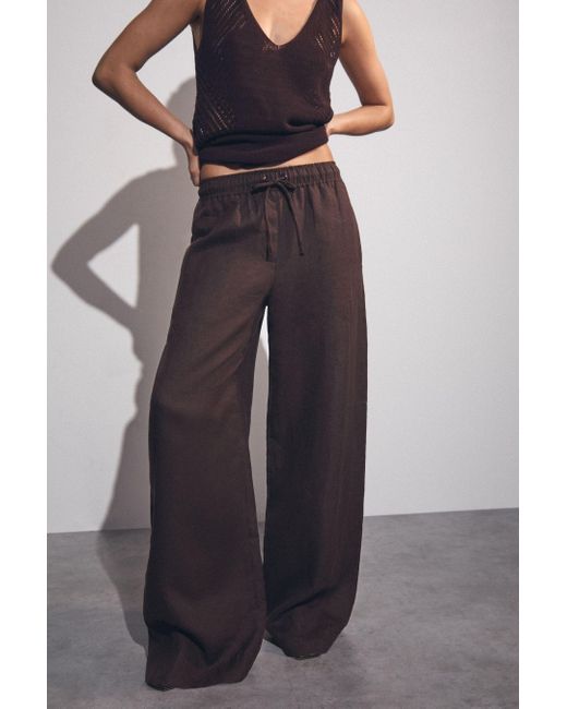 Reiss Black Linen-Blend Wide-Leg Trousers