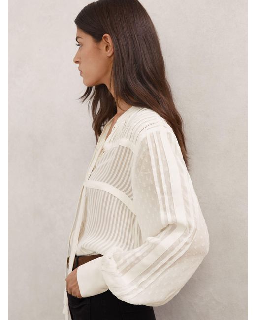 Reiss Natural Tie-Detail Shadow-Stripe Blouse