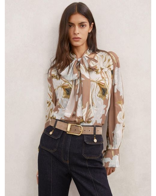 Reiss Natural Maggie - Pink/ivory Floral-print Tie-neck Blouse, Us 2