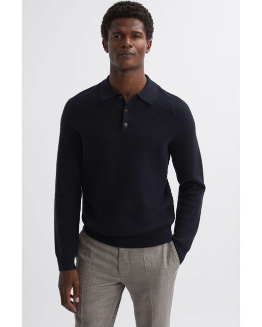 Reiss Black Holms - Navy Wool Long Sleeve Polo Shirt for men