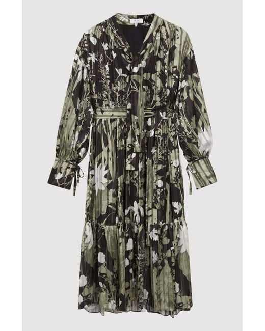 Reiss Green Floral Print Tie Neck Midi Dress