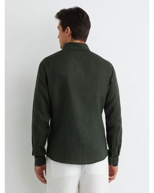 Reiss Green Linen Regular-Fit Button-Down Shirt for men