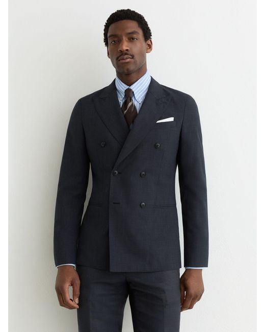 Reiss Blue Tailored Fit Double-Breasted Check Suit Blazer Wool-Blend for men