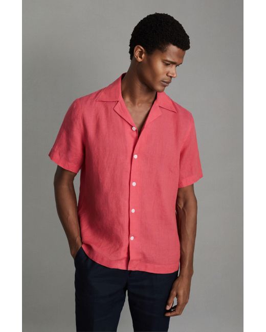 Reiss Red Beldi - Coral Relaxed Linen Cuban Collar Shirt, L for men