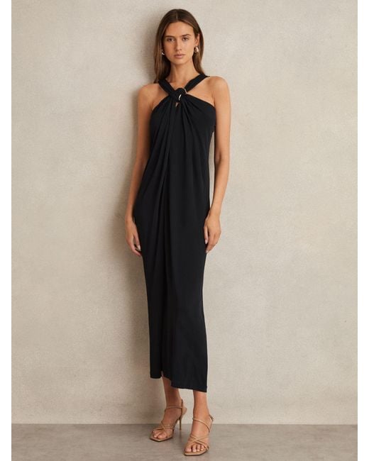 Reiss Natural Gathered Neck Jersey Midi Dress