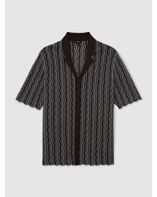 Reiss Black Drake - Brown Wavy-stripe Cuban-collar Knit Shirt, Xxl for men