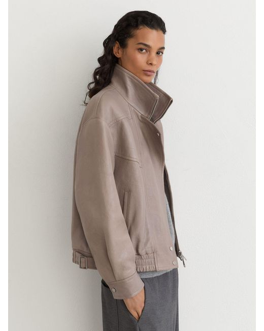 Reiss Natural Petra - Grey Petite Textured Leather Oversized Jacket, Us 8