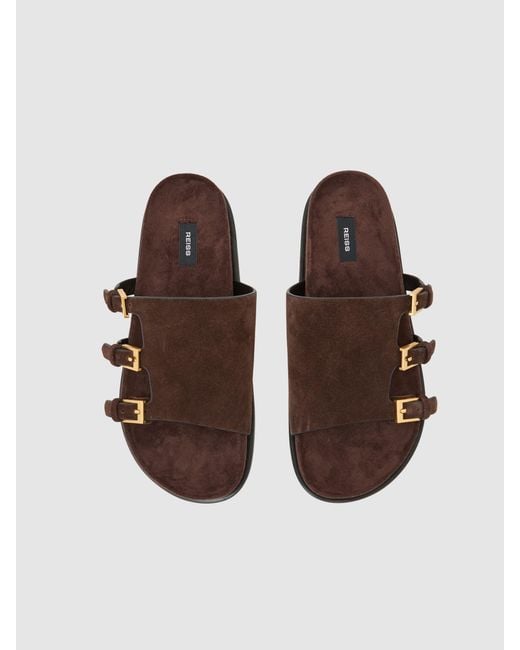 Reiss Brown Lauren - Chocolate Suede Buckle-strap Slip-on Sandals, Us 5 (uk 3)