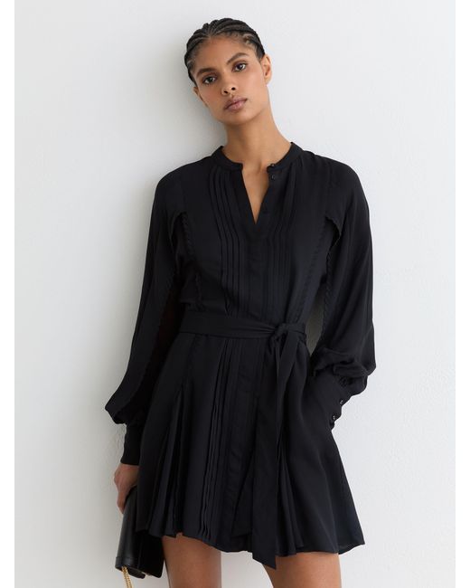 Reiss Black Embroidered-Trim Belted Mini Dress