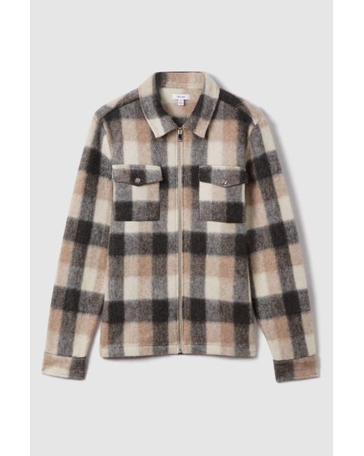 Reiss Brown Stamford - Oatmeal/grey Brushed Check Overshirt for men