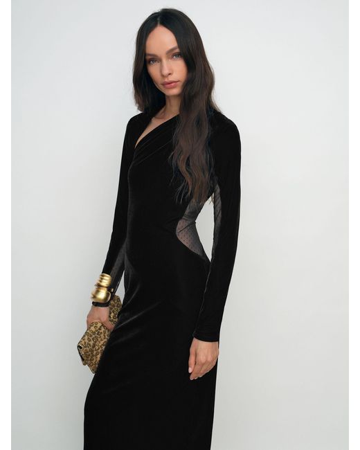 Reiss Black Velvet Sheer-Panel Cut-Out Midi Dress