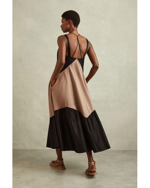 Reiss Natural Natalie - Brown/black Cotton Colourblock Flounced Midi Dress