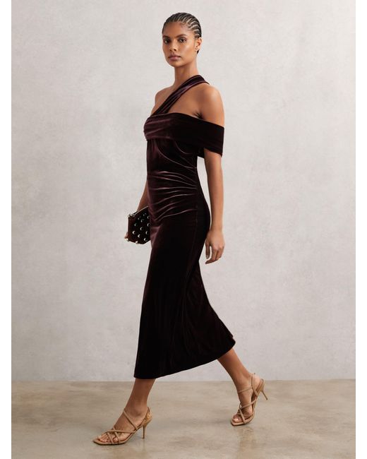 Reiss Black Velvet One-Shoulder Midi Dress