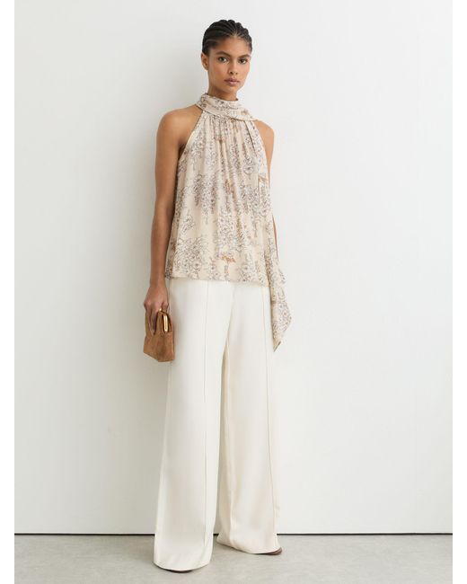 Reiss Natural Floral-Print Scarf-Neck Top