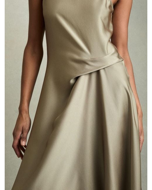Reiss Green Satin Drape Tuck Midi Dress