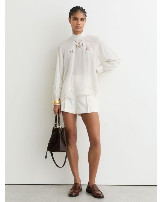 Reiss White Broderie Blouson-Sleeve Blouse