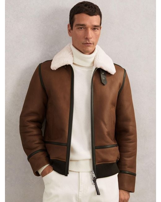 Reiss Brown Leather Shearling-Collar Jacket for men