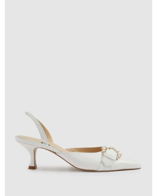 Camilla Elphick White Heels Leather Pearl Buckle