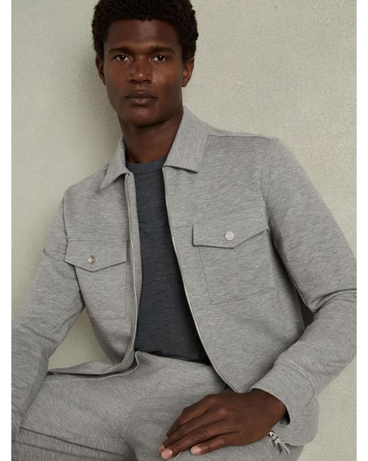 Reiss Gray Medina - Grey Melange Interlock Jersey Zip-through Overshirt, Xs for men