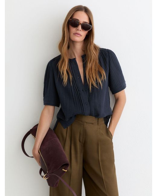 Reiss Blue Cotton Muslin Frill-Neck Top