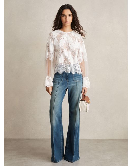 Reiss Blue Emilia - Ivory Lace Flared-cuff Blouse, Us 6