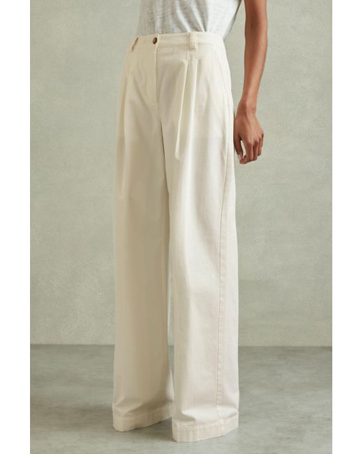 Reiss Natural Astrid - White Cotton Blend Wide Leg Trousers