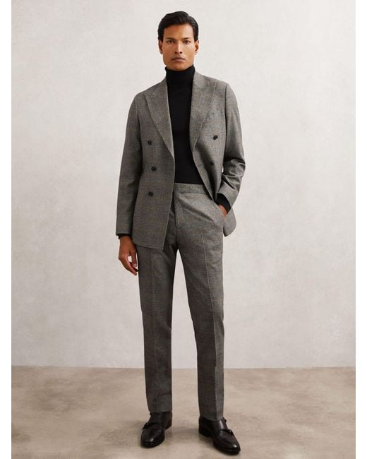 Reiss Gray Wool Double-Breasted Check Tailored-Fit Suit Blazer for men