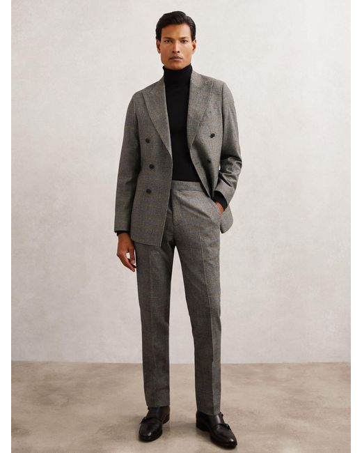 Reiss Gray Wool Double-Breasted Check Tailored-Fit Suit Blazer for men