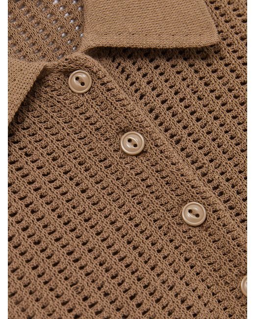 Reiss Brown Evi - Tan Cotton-blend Open-knit Polo Shirt, Xs (us 2)