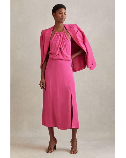 Reiss Elliana - Pink Drape Front Midi Dress