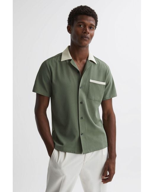 Reiss Green Troon - Sage/ecru Cuban Collar Contrast Shirt for men