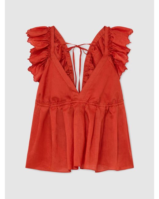 Reiss Red Ruffle Trim Side-Tie Babydoll Top