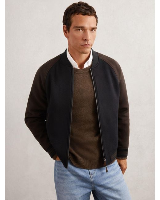 Reiss Black Wool-Blend Colour-Block Bomber Jacket for men