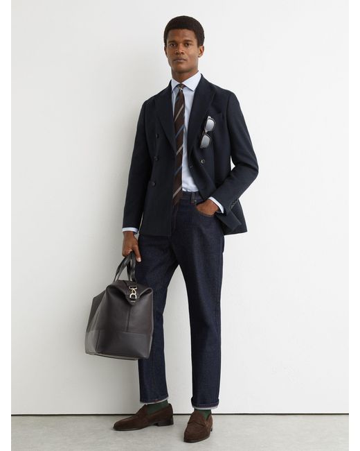 Reiss Blue Carson Flannel Double-Breasted Blazer Tailored-Fit for men