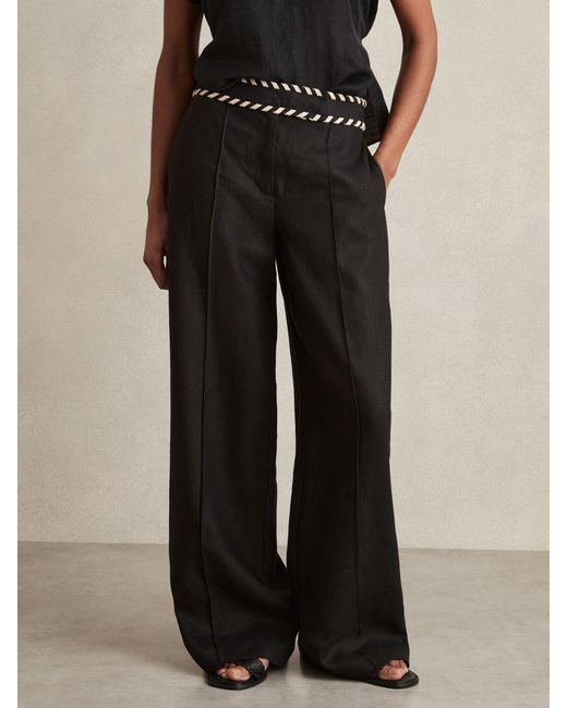 Reiss Fawn - Black Linen Wide-leg Whipstitch Trousers, Us 10 R