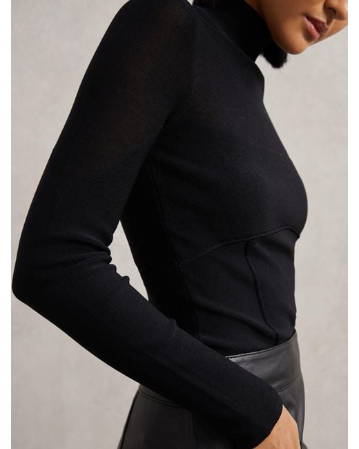 Reiss Black Mesh Funnel-Neck Knit Top