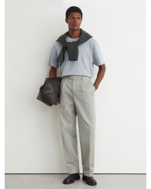Reiss White Cotton Slub Pleated Relaxed-Fit Trousers for men