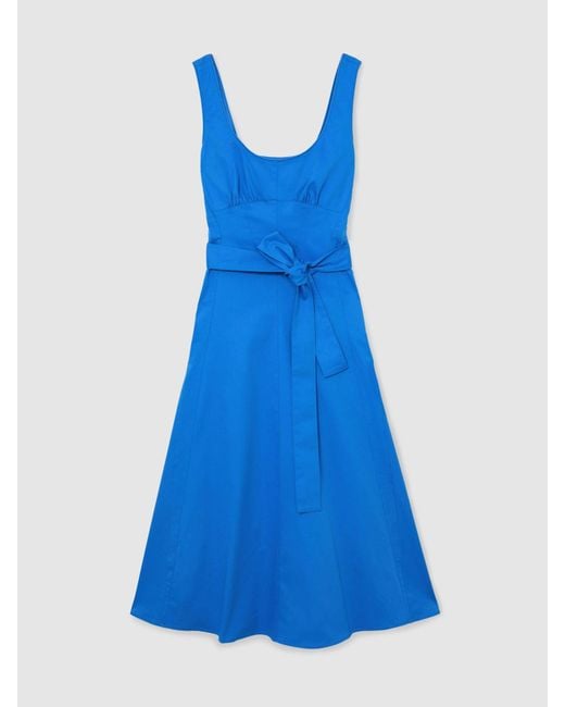Reiss Irina - Blue Cotton Belted Midi Dress With Stretch, Us 6