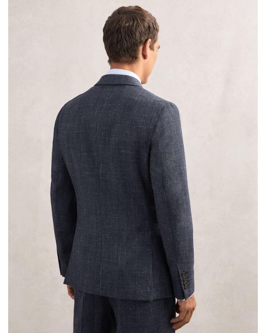 Reiss Blue Double-Breasted Herringbone Blazer Tailored-Fit Wool-Blend for men
