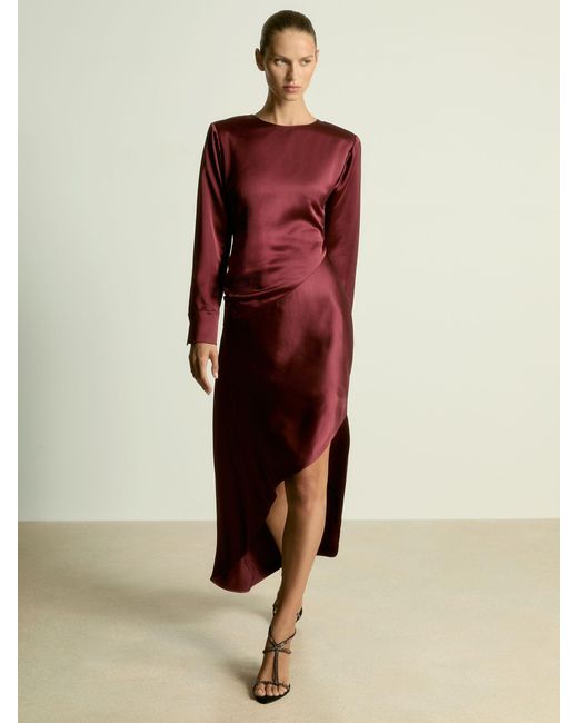 Reiss Red Petite Satin Asymmetric Draped Maxi Dress