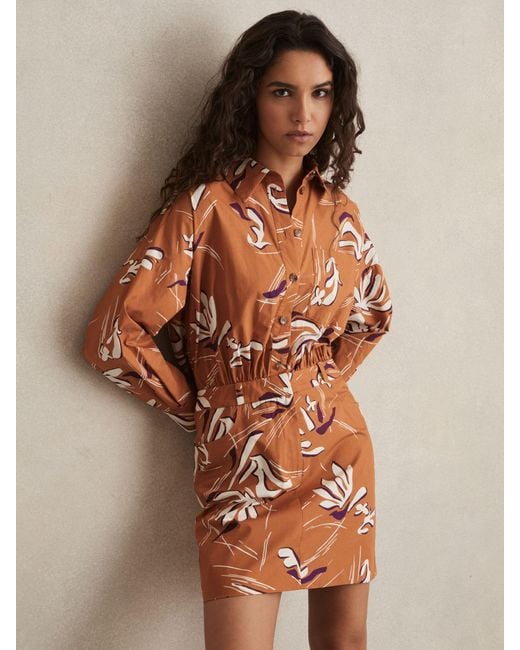 Reiss Brown Valia - Rust Cotton Printed Shirt Dress, Us 0