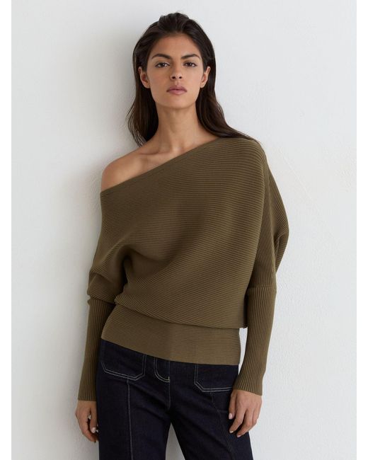 Reiss Brown Asymmetric Draped Knitted Jumper