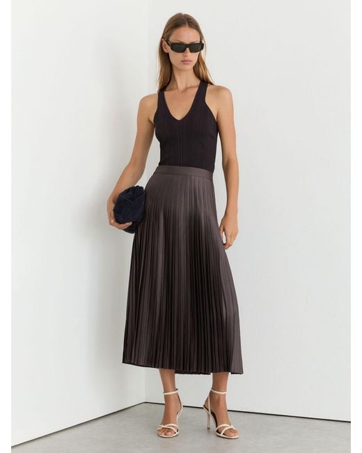 Reiss Black Petite Satin Pleated Midi Skirt