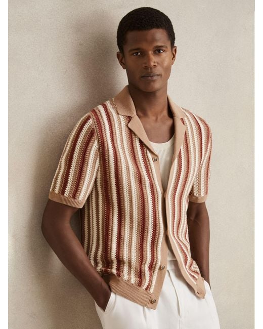 Reiss Brown Carrington - Camel Multi Cotton Crochet Stripe Cuban Shirt, L for men