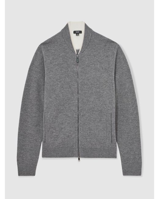 Reiss White Merino-Wool Zipped Bomber Cardigan for men