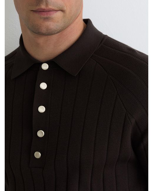 Reiss Black Wide-Ribbed Half-Button Polo Jumper for men